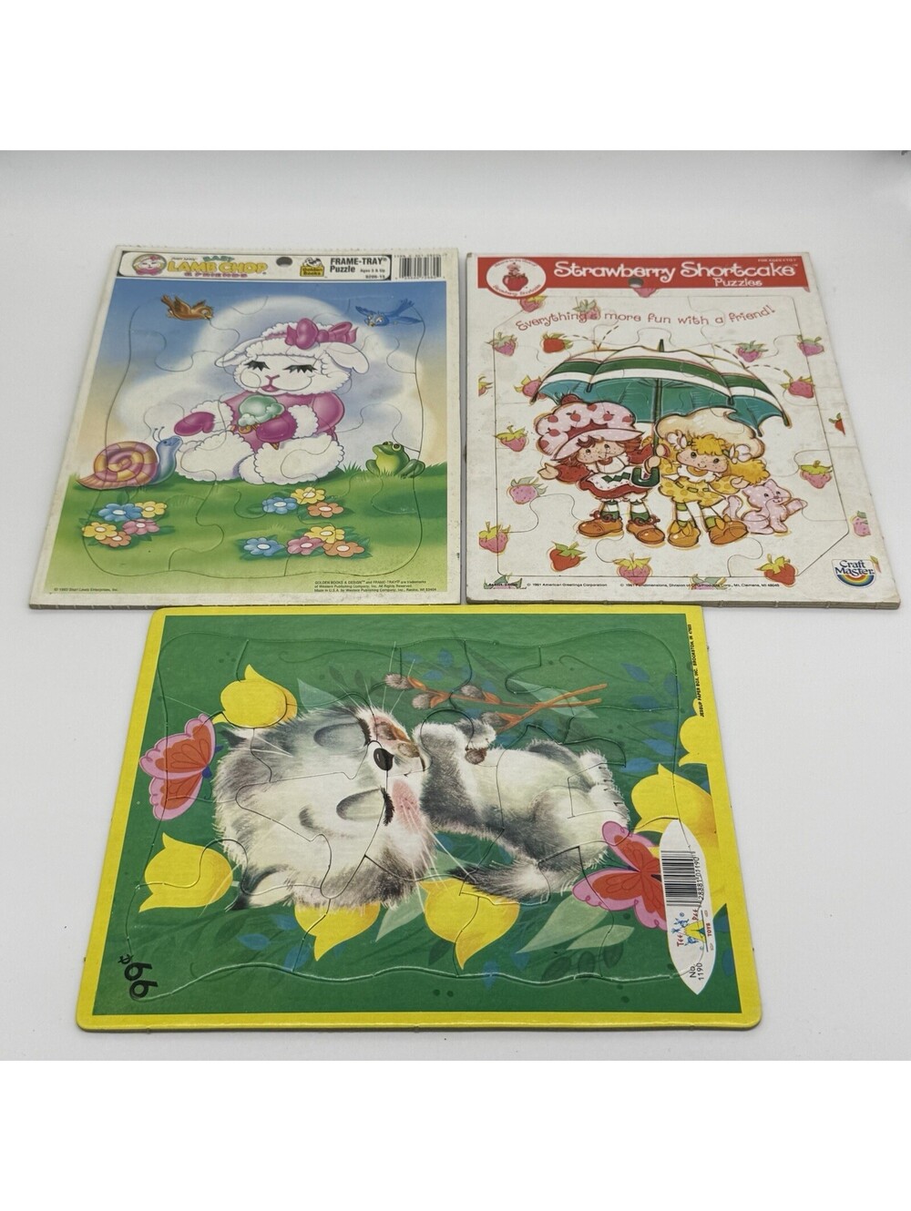 Vtg 80s 90s Frame Tray Puzzle Lot Strawberry Shortcake Lamb Chop Kitten